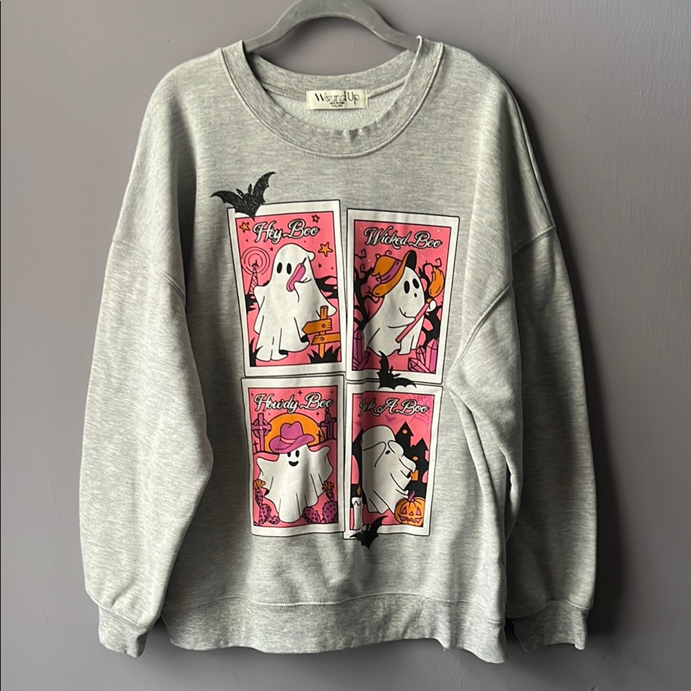 Wound Up Gray Crewneck Sweater with Graphic Design